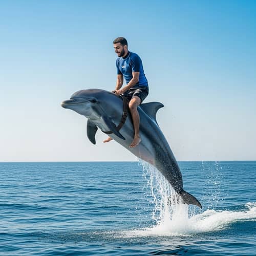 Middle-Eastern Man Joyfully Riding Dolphin in Clear Blue Sky