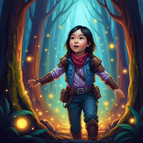 Young Girl Exploring Mystical Forest - Fantasy Adventure Art