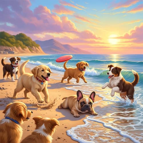 Playful Puppies Frolicking on Seaside Beach