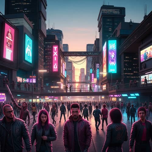 Neon-lit Cyberpunk Cityscape at Sunset