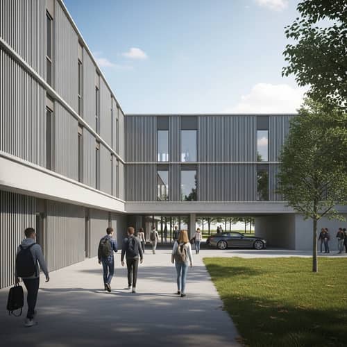 Modern School Architecture with Diverse Students Arriving