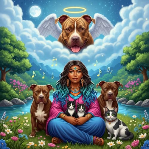 Magical Scene with Pit Bull Dog, Shamanistic Woman, and Cats in Lush Landscape
