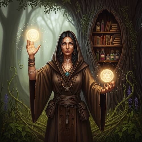 Earth-Toned Hispanic Female Magician in Mystical Clearing