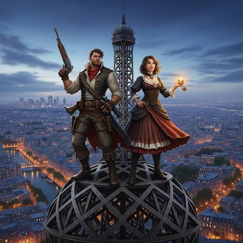 Steampunk Video Game Characters on Iron Lattice Tower in Paris