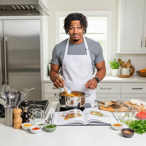 Professional Football Player Cooking in Modern Kitchen