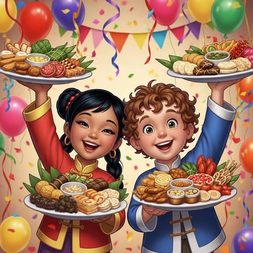 Festive New Year Celebration with Smiling Girl & Boy Offering Traditional Food Plates
