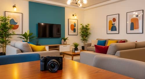 Modern Black Camera in Stylish Living Room