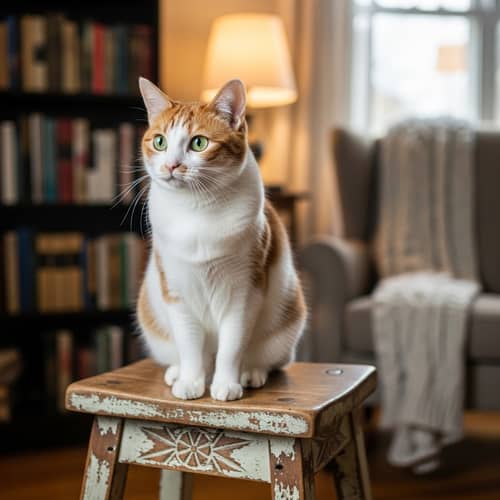 Charming Domestic Cat with White and Orange Fur on Vintage Stool