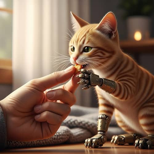 Cute Ginger Cat with Mechanical Paws Nibbling Food