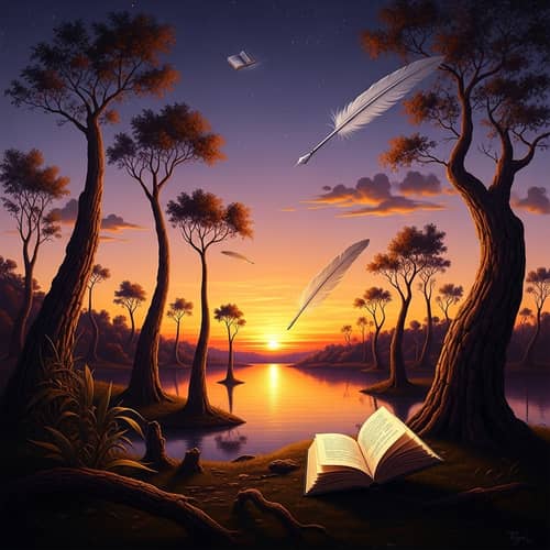 Surreal Sunset Landscape with Distorted Trees - Tranquil Lake