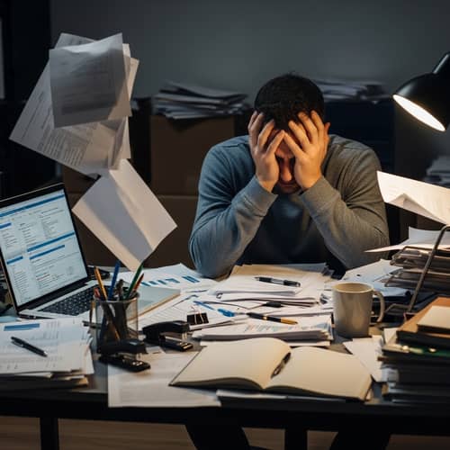 Overwhelmed Hispanic Male at Desk | Work Stress Scene