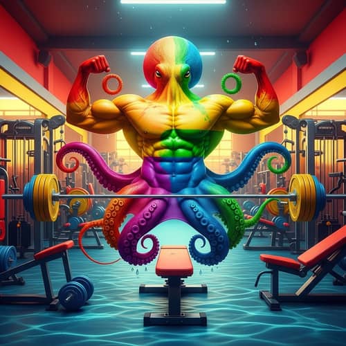 Muscular Octopus Gym Scene with Rainbow Colors