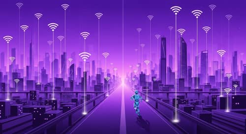 Futuristic WiFi Cityscape: Purple Hues & Data Flow