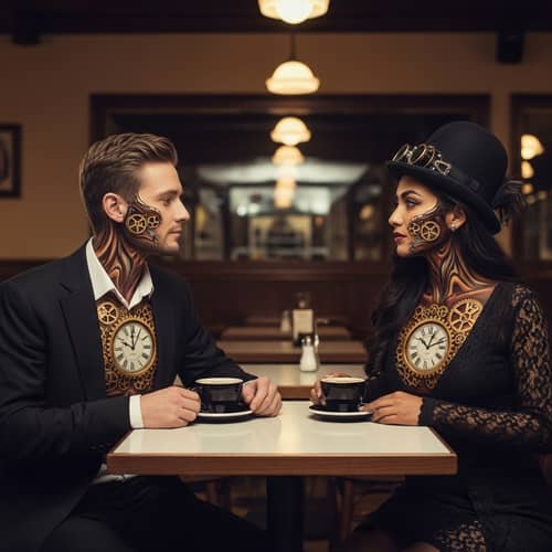 Steampunk-Inspired Café Encounter: Surreal Clockwork Characters