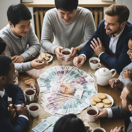 Diverse Group with Currencies and Tea | Warmth and Camaraderie