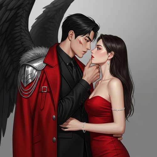 Asian Man with Dark Wings in Sophisticated Black Suit and Red Coat