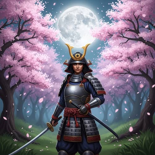South Asian Female Samurai in Serene Forest Moonlight