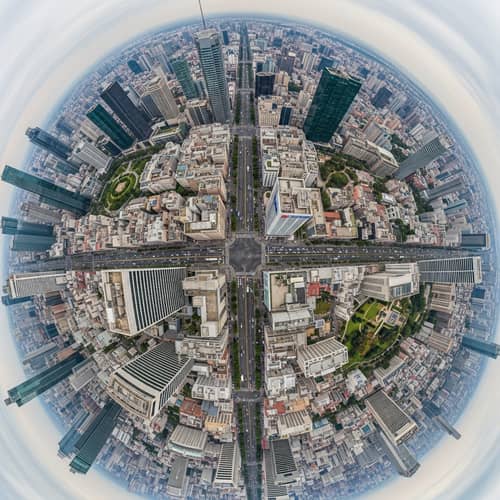360-Degree City Panorama: Urban Landscape and Diverse Daily Life