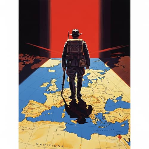 Soldier Stepping on Europe Map - 90s Japanese Style Poster Art