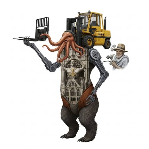 Unique Creature with Bear Legs, Forklift Arms, and Cathedral Torso