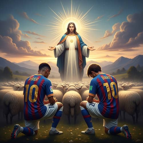 Soccer Players Reverently Kneeling Before Divine Figure