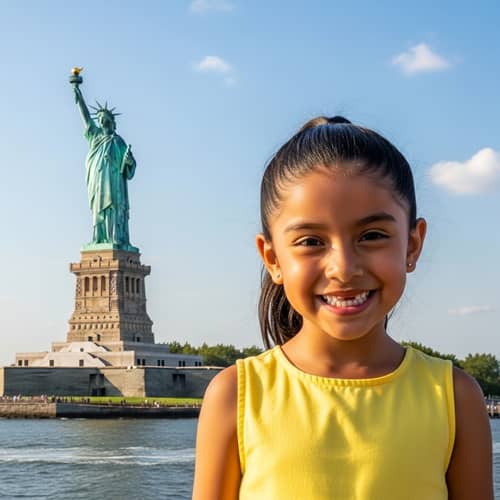 Smiling 7-Year-Old Mexican Girl at Statue of Liberty