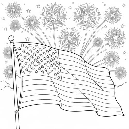 Coloring Page: American Flag & Fireworks for Kids