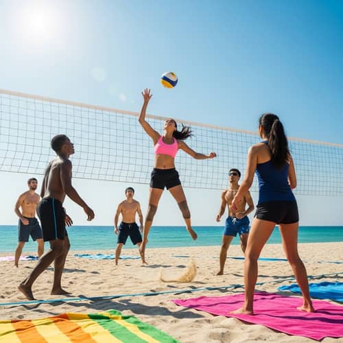 Exciting Beach Volleyball Game on Sunny Day