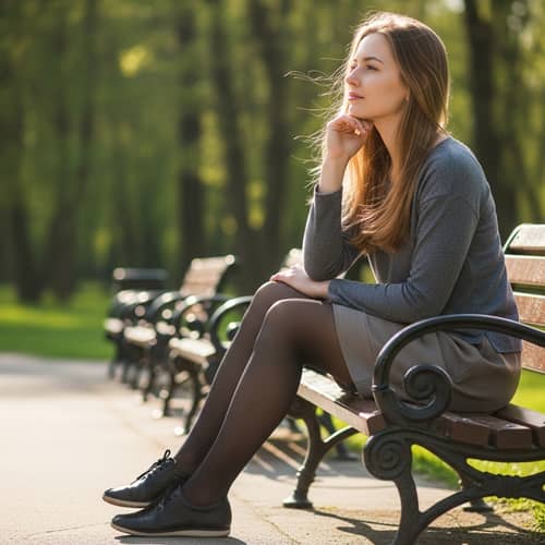 Serene Park Scene with Young Woman Lost in Thought