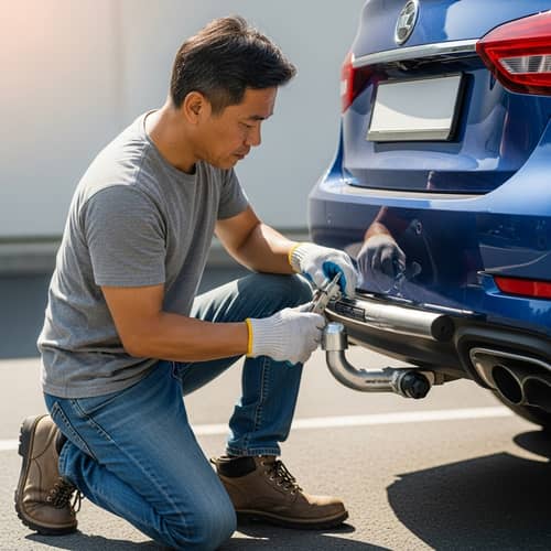 Professional Towbar Installation on Modern Blue Sedan | Expert Mechanic
