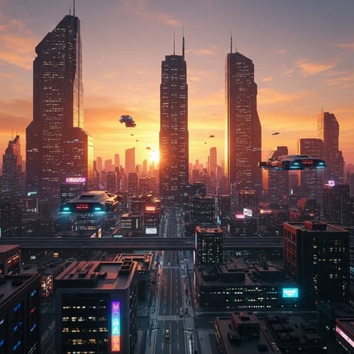 Futuristic Cityscape at Orange and Pink Sunset