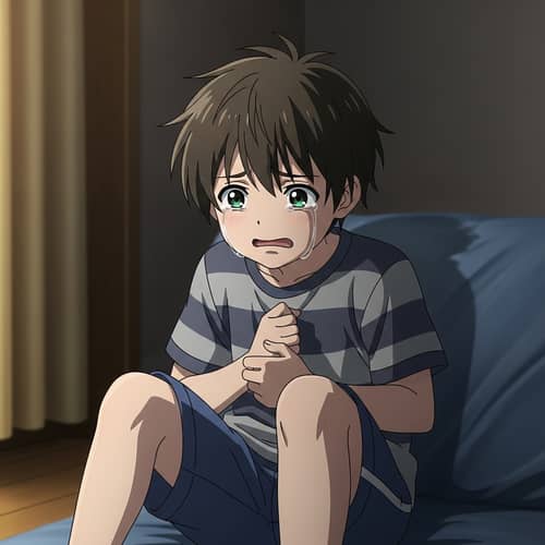 Crying Boy with Blue Shorts | Emotional Image Depiction
