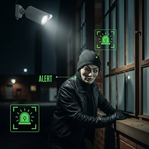 Sneaky Individual in Mask and Black Outfit by Factory Window at Night