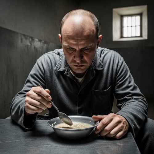 Russian Prisoner Eating Gruel | High-Resolution Image