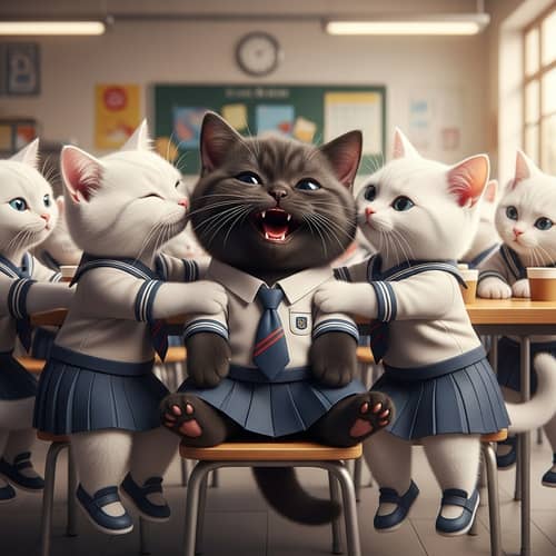 Cartoon Black British Shorthair Cat in School Uniform Smiling