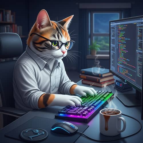 Anthropomorphic Cat Coder at Modern Desk | Coding Illustration
