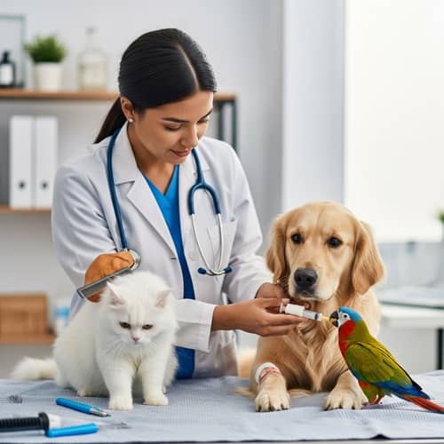 Heartwarming Veterinarian Office Scene with Skilled Hispanic Female Vet