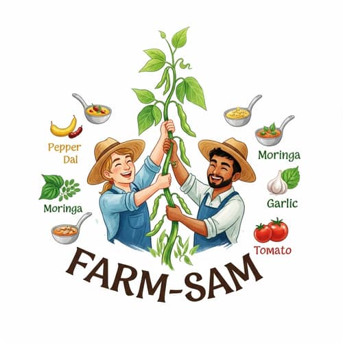 Whimsical Farm Logo with Farmers & Beanstalk