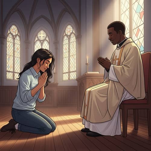 Diverse Duo in Serene Church Setting | Prayer Scene