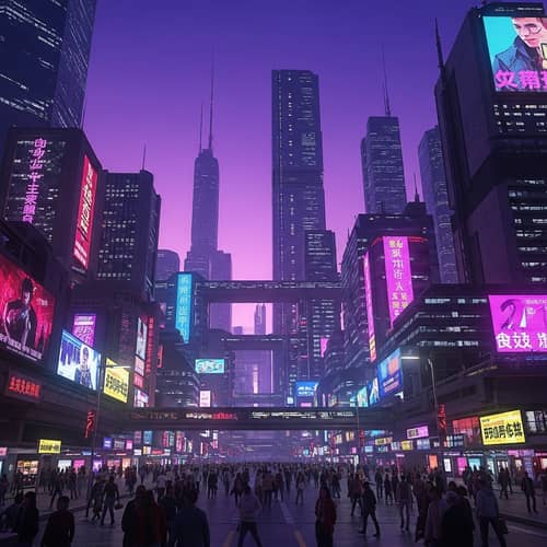 Futuristic Cyberpunk Cityscape: Neon-lit Metropolis in Purple Sky