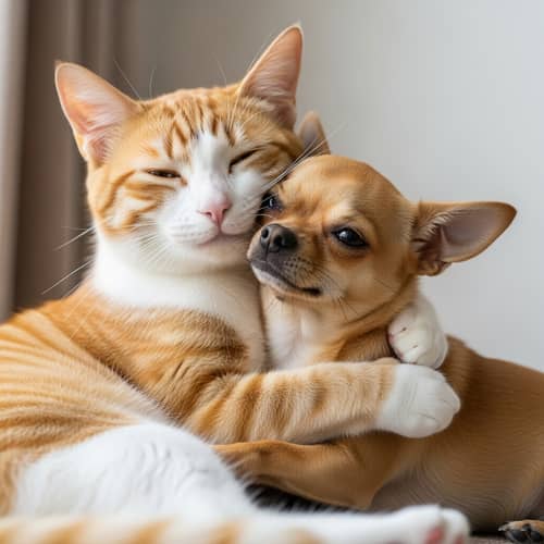 Interspecies Friendship: Tabby Cat Hugging Chihuahua Dog