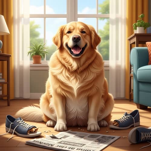 Amusing Golden Retriever Dog with Playful Expression in Bright Living Room