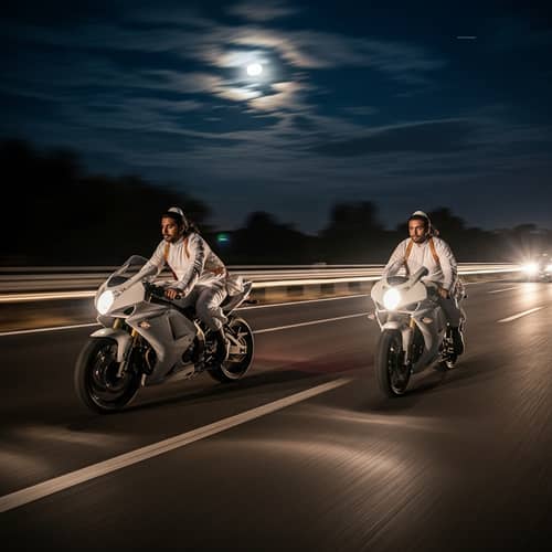 Thrilling Race of Religious Figures on Moonlit Highway