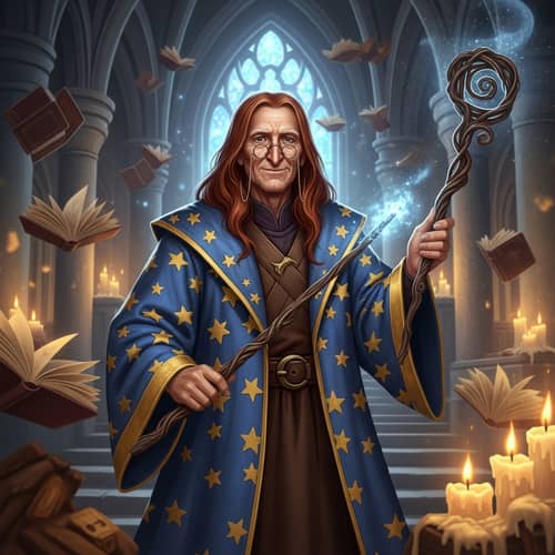 Elderly Wizard with Full-Length Stars Robe and Wooden Wand