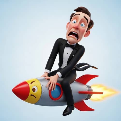 Man in Tuxedo Riding Emoji Rocket Panicking | 3D Pixar Animation Style