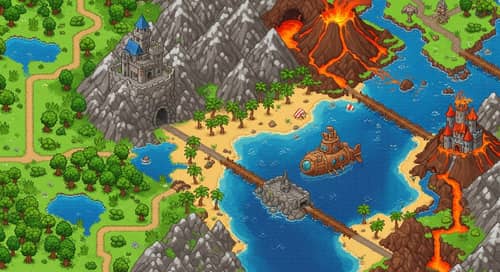 Adventure Pixel Art Landscape: Top-Down View with Diverse Features