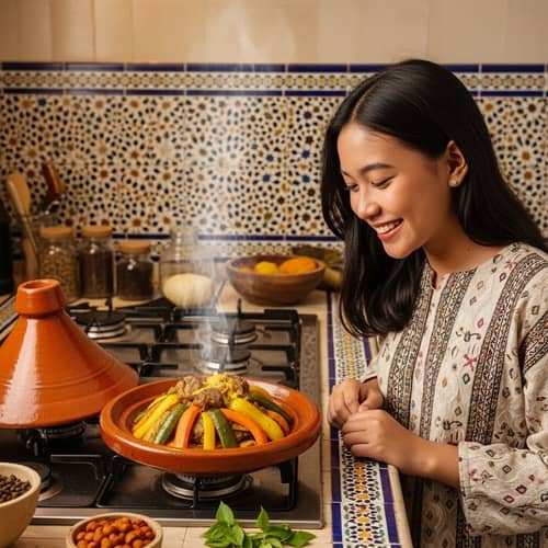 Indonesian Girl Admiring Moroccan Tajine | Cultural Fusion Cuisine