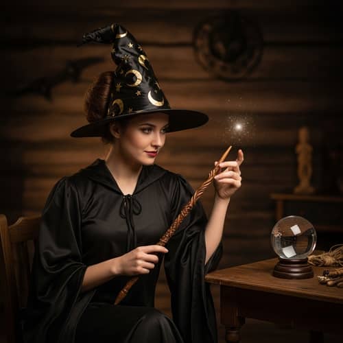 Caucasian Female Witch with High Bun | Traditional Witch Attire