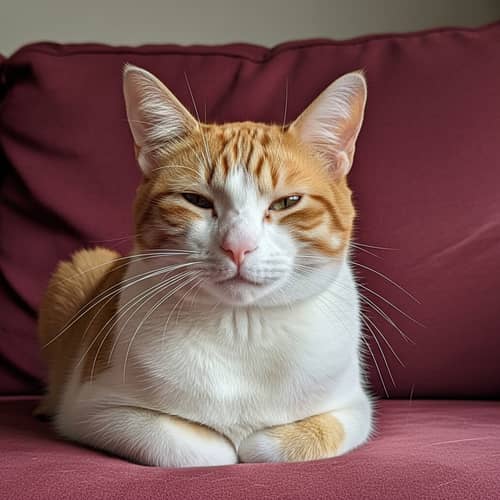 Serene Cat on Plush Burgundy Couch - Relaxing Feline Image