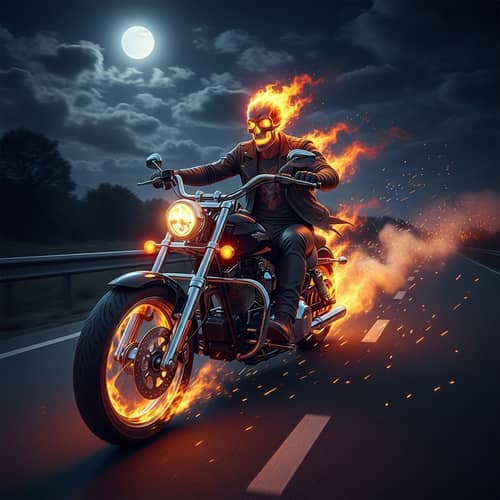Spectral Ghost Rider Motorcycle on Moonlit Highway